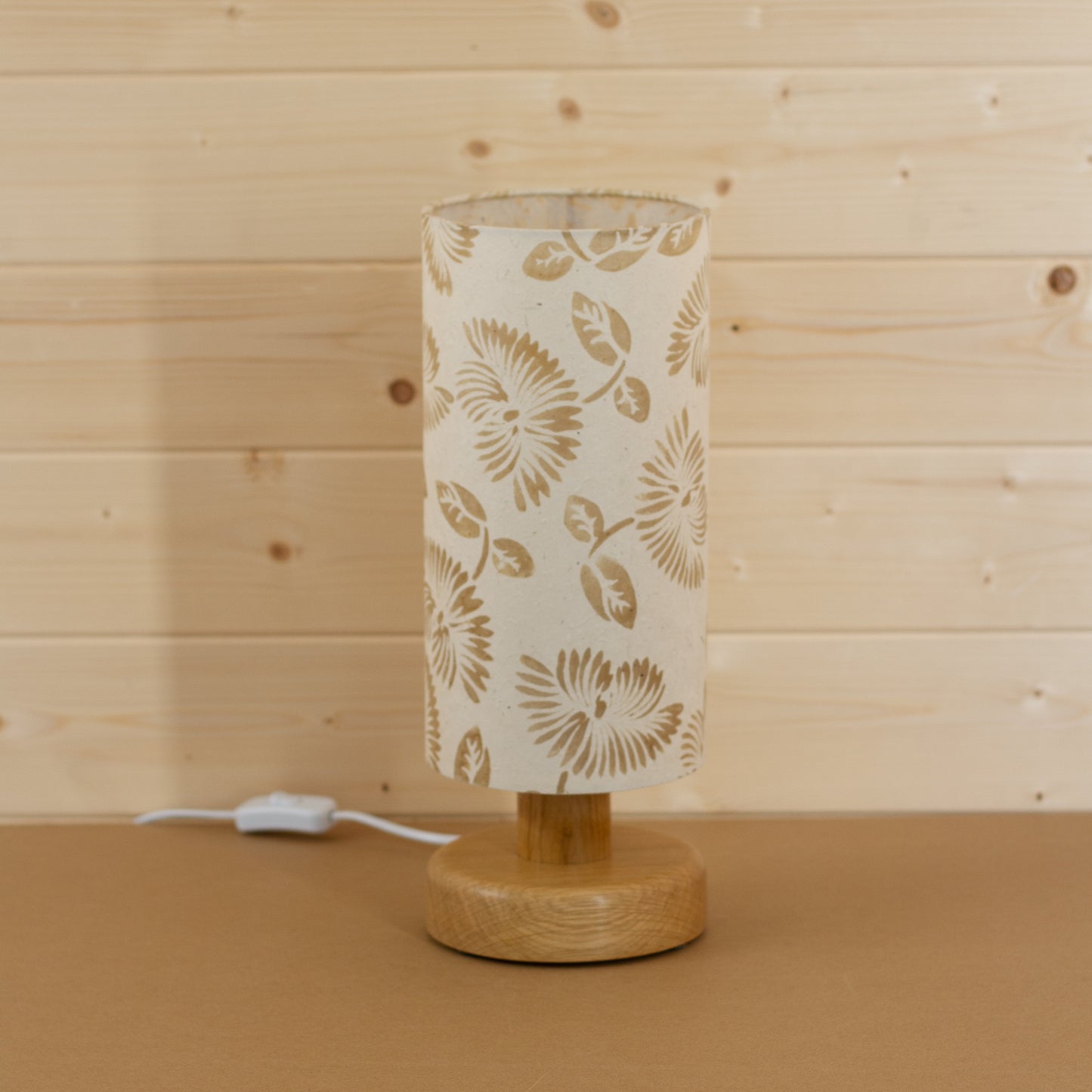 Round Oak Table Lamp (15cm) with 15cm x 30cm Lamp Shade in P09 ~ Batik Peony on Natural