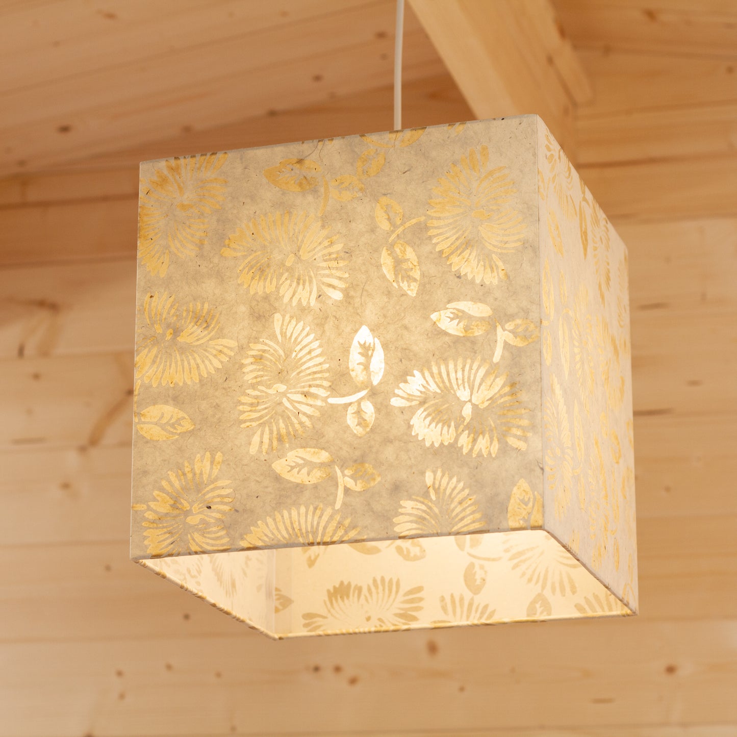 Square Lamp Shade - P09 - Batik Peony on Natural, 30cm(w) x 30cm(h) x 30cm(d)