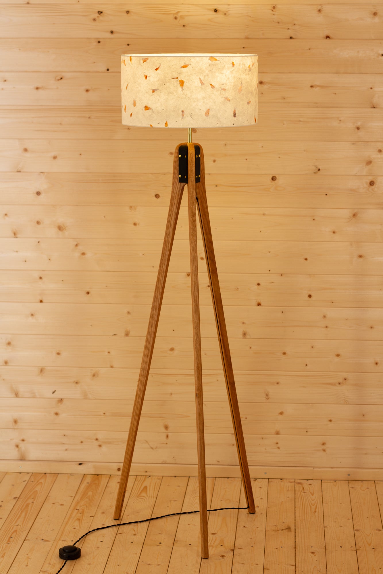 Oak Tripod Floor Lamp - P32 - Marigold Petals on Natural Lokta