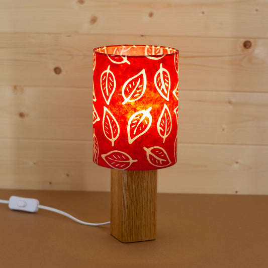 Square Oak Table Lamp with Drum Lamp Shade (15cm x 20cm) P30 - Batik Leaf on Red