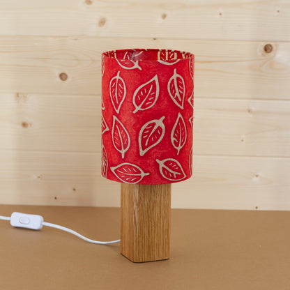 Square Oak Table Lamp with Drum Lamp Shade (15cm x 20cm) P30 - Batik Leaf on Red