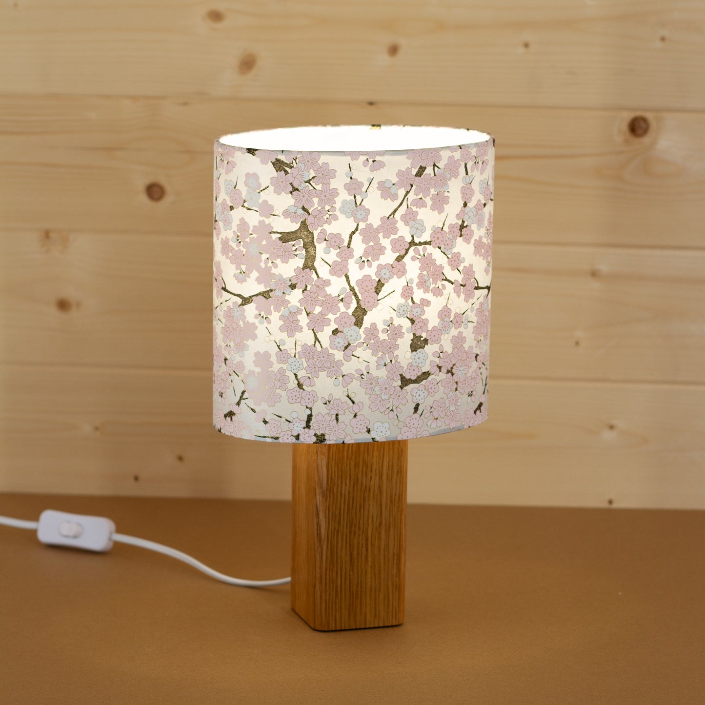Square Oak Table Lamp with 20cm Oval Lamp Shade W02 ~ Pink Cherry Blossom on Grey