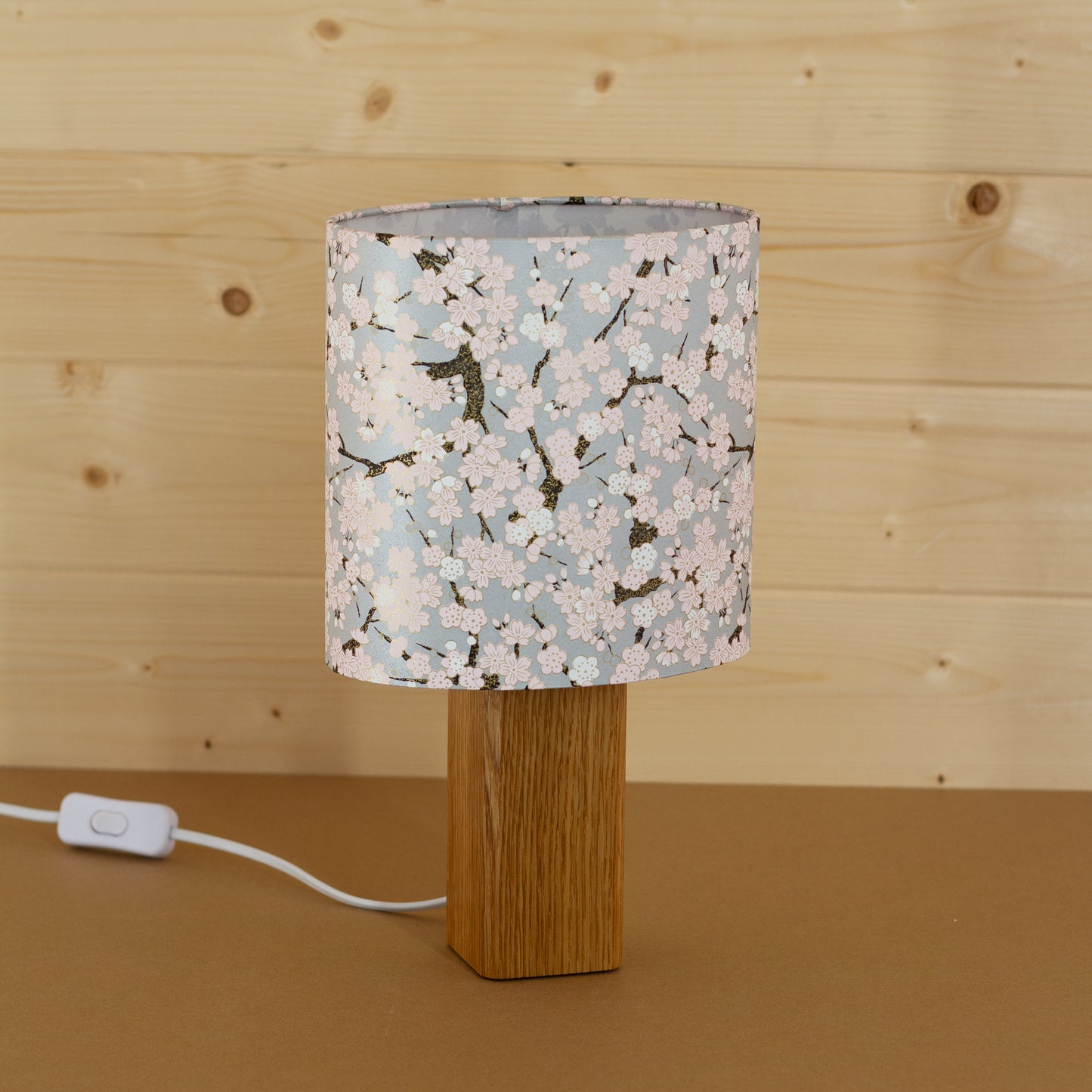 Square Oak Table Lamp with 20cm Oval Lamp Shade W02 ~ Pink Cherry Blossom on Grey