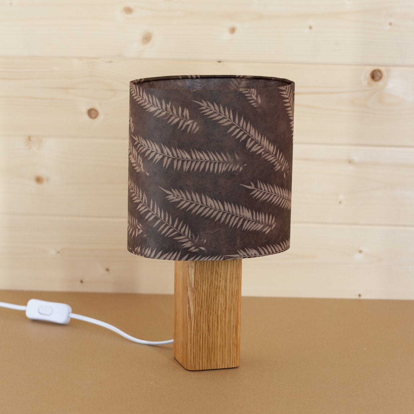 Square Oak Lamp Base with Oval Lamp shade in P26 ~ Resistance Dyed Brown Fern