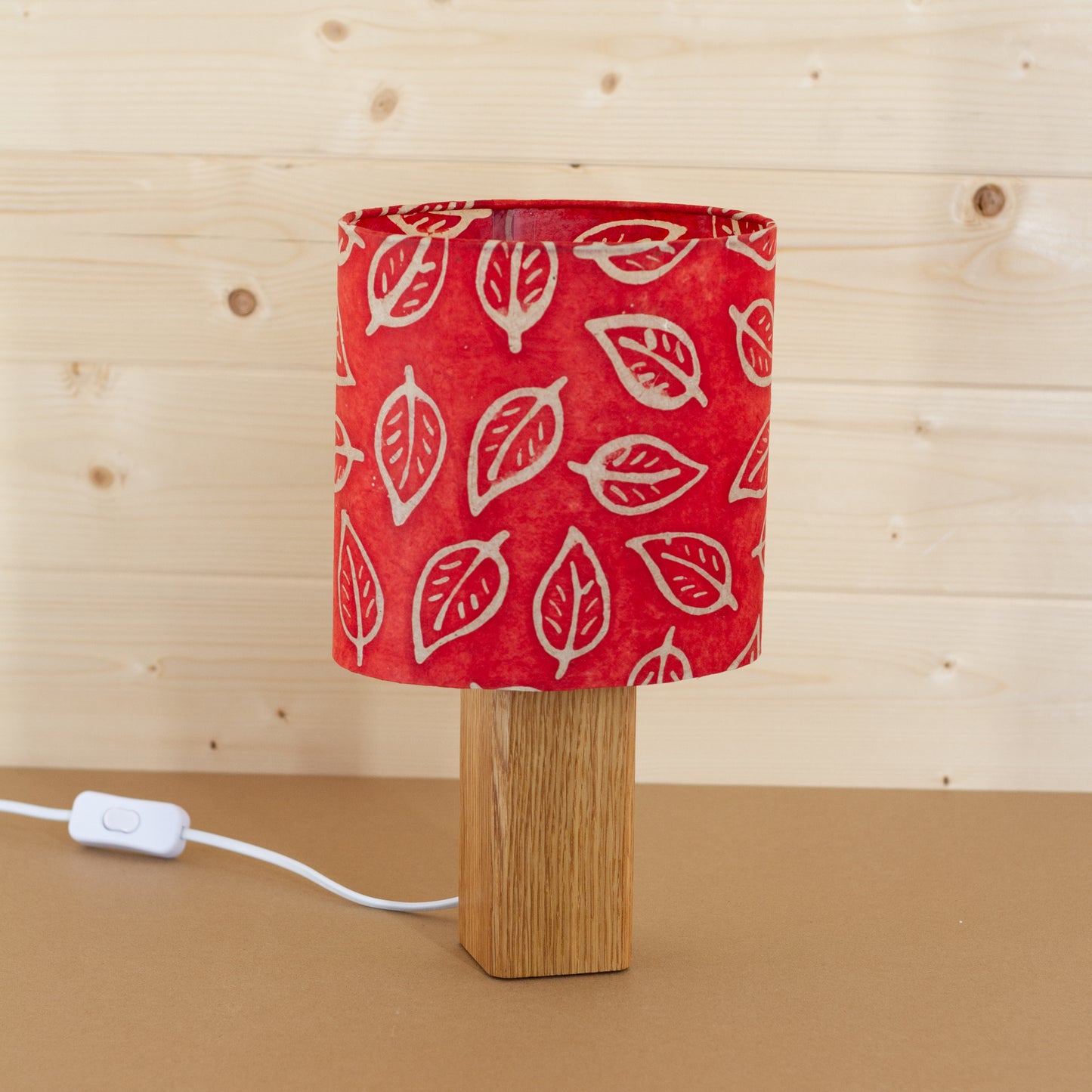 Square Oak Table Lamp with 20cm Oval Lamp Shade P30 - Batik Leaf on Red