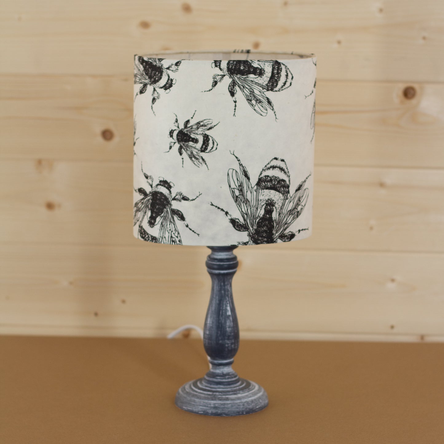 Paros Wooden Table Lamp with a Oval Shade in P42 ~ Bees Screen Print on Natural Lokta