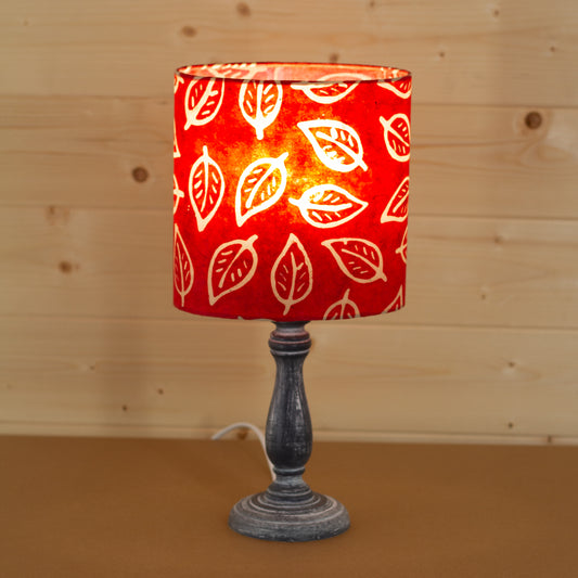 Paros Wooden Table Lamp with a Oval Shade in P30 - Batik Leaf on Red