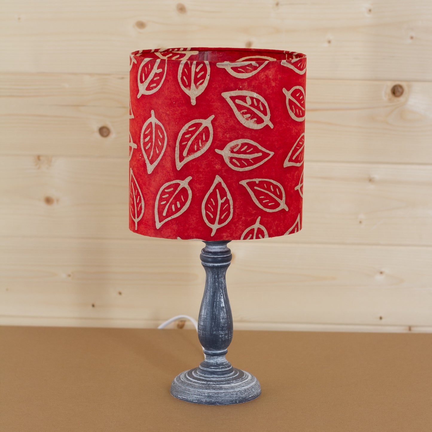 Paros Wooden Table Lamp with a Oval Shade in P30 - Batik Leaf on Red