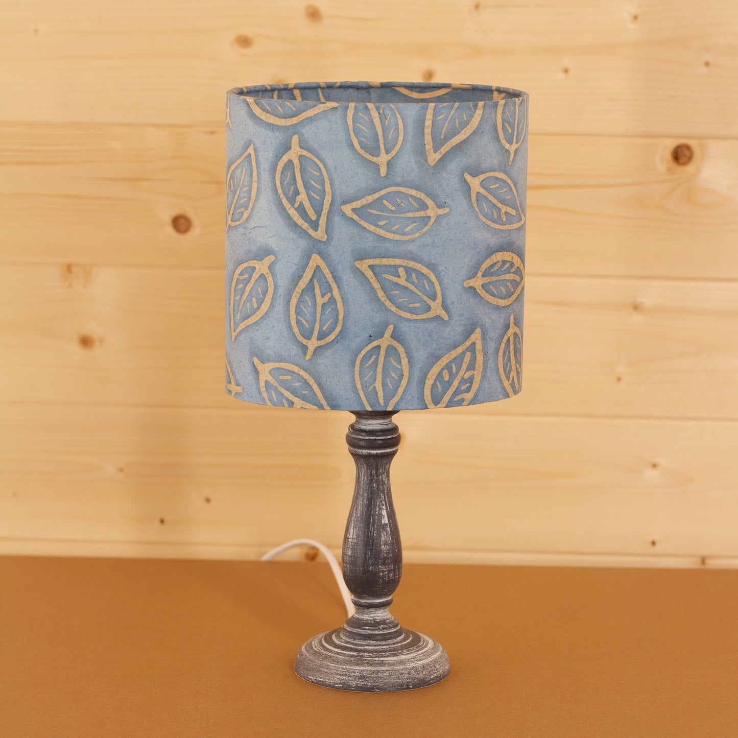 Paros Wooden Table Lamp with a Oval Shade in P31 ~ Batik Leaf on Blue