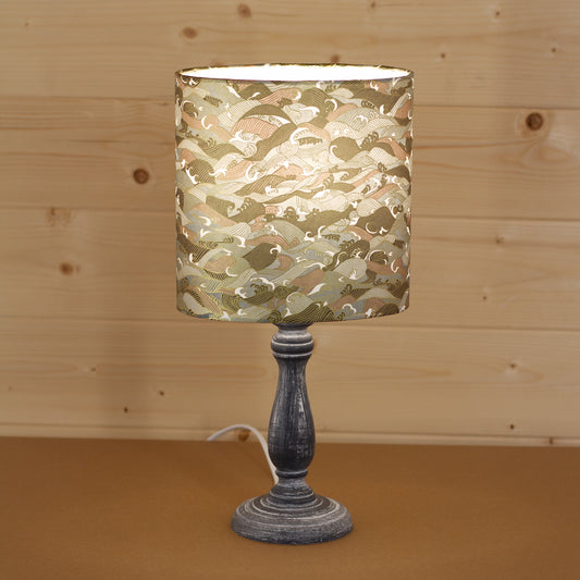 Paros Wooden Table Lamp with a Oval Shade in W03 ~ Gold Waves on Greys