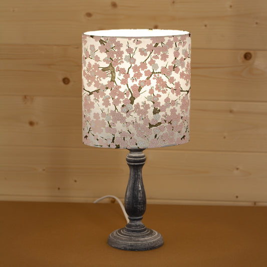 Paros Wooden Table Lamp with a Oval Shade in W02 ~ Pink Cherry Blossom on Grey
