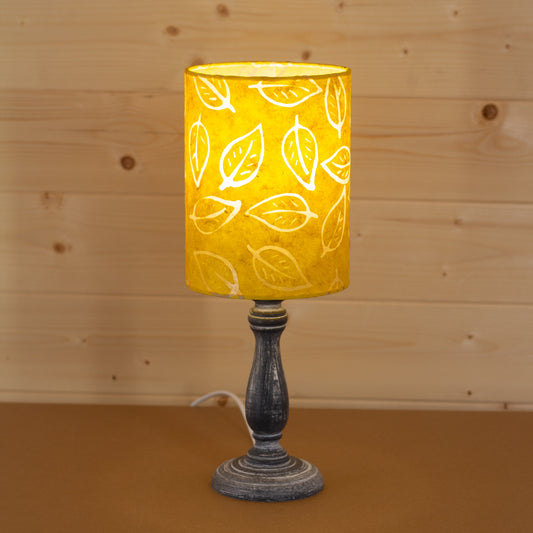 Paros Wooden Table Lamp with a Drum Shade (15cm X 20cm) in B107 ~ Batik Leaf Yellow