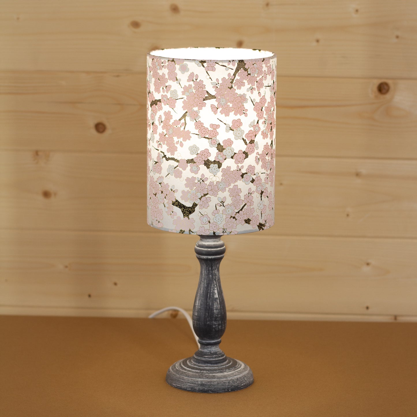 Paros Wooden Table Lamp with a Drum Shade (15cm X 20cm) in W02 ~ Pink Cherry Blossom on Grey