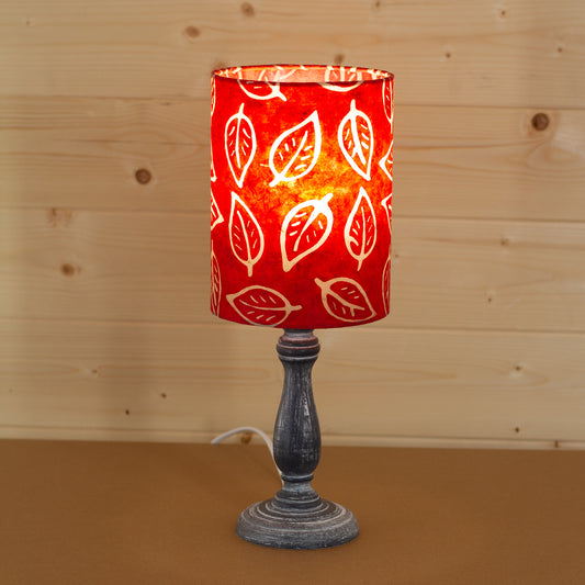 Paros Wooden Table Lamp with a Drum Shade (15cm X 20cm) in P30 - Batik Leaf on Red