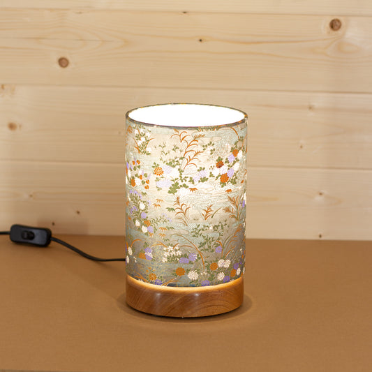 Flat Round Sapele Table Lamp with 15cm x 20cm Lampshade in W08 - Lily Pond