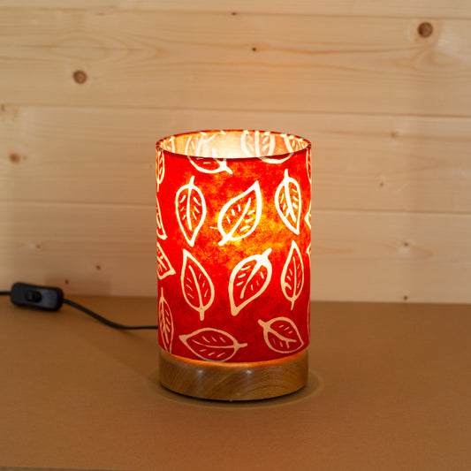 Flat Round Sapele Table Lamp with 15cm x 20cm Lampshade in P30 ~ Batik Leaf on Red