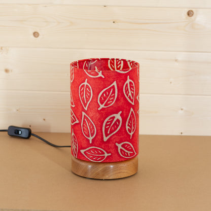 Flat Round Sapele Table Lamp with 15cm x 20cm Lampshade in P30 ~ Batik Leaf on Red