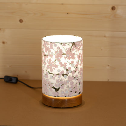 Flat Round Sapele Table Lamp with 15cm x 20cm Lampshade in W02 ~ Pink Cherry Blossom on Grey