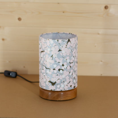 Flat Round Sapele Table Lamp with 15cm x 20cm Lampshade in W02 ~ Pink Cherry Blossom on Grey