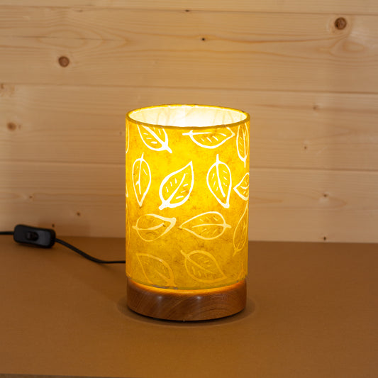 Flat Round Sapele Table Lamp with 15cm x 20cm Lampshade in B107 ~ Batik Leaf on Yellow