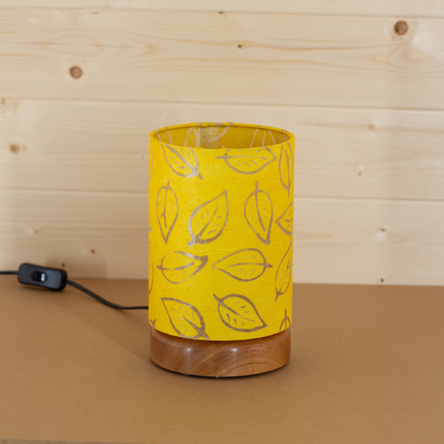 Flat Round Sapele Table Lamp with 15cm x 20cm Lampshade in B107 ~ Batik Leaf on Yellow