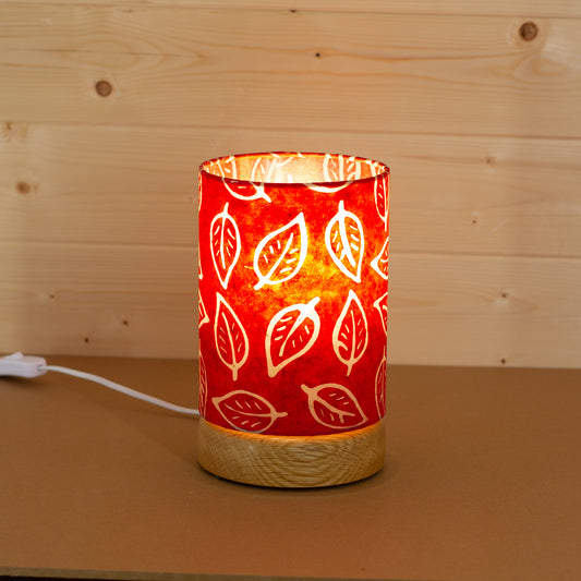Flat Round Oak Table Lamp with 15cm x 20cm Lampshade in P30 ~ Batik Leaf on Red
