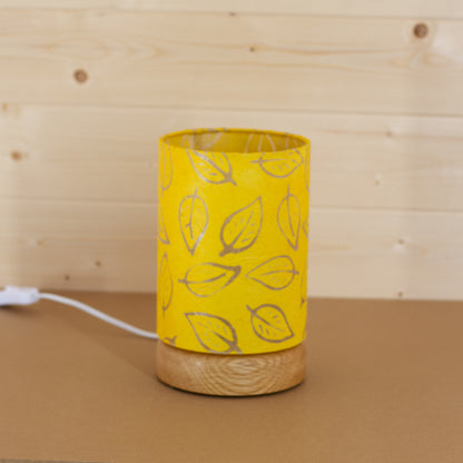 Flat Round Oak Table Lamp with 15cm x 20cm Lampshade in B107 ~ Batik Leaf on Yellow