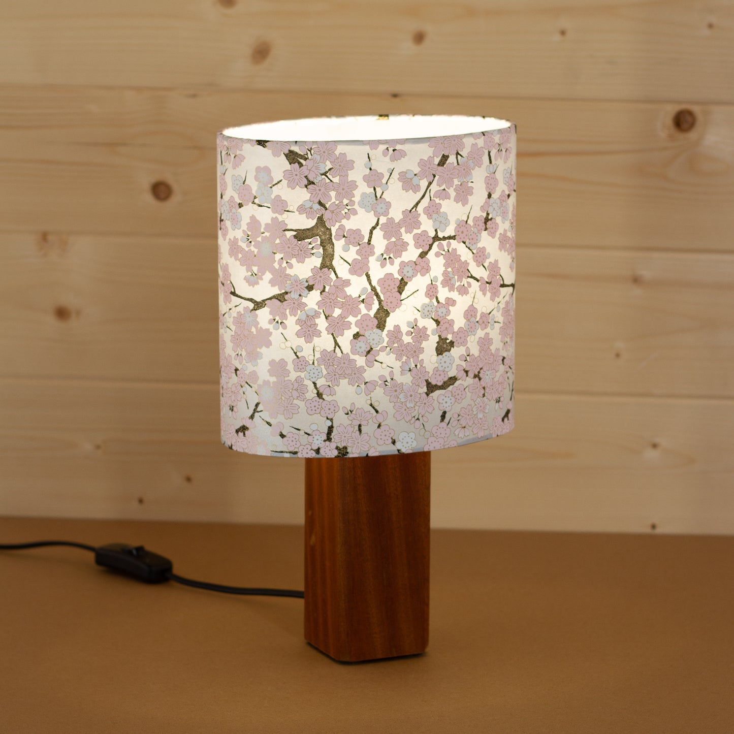 Square Sapele Table Lamp with 20cm Oval Lamp Shade W02 ~ Pink Cherry Blossom on Grey