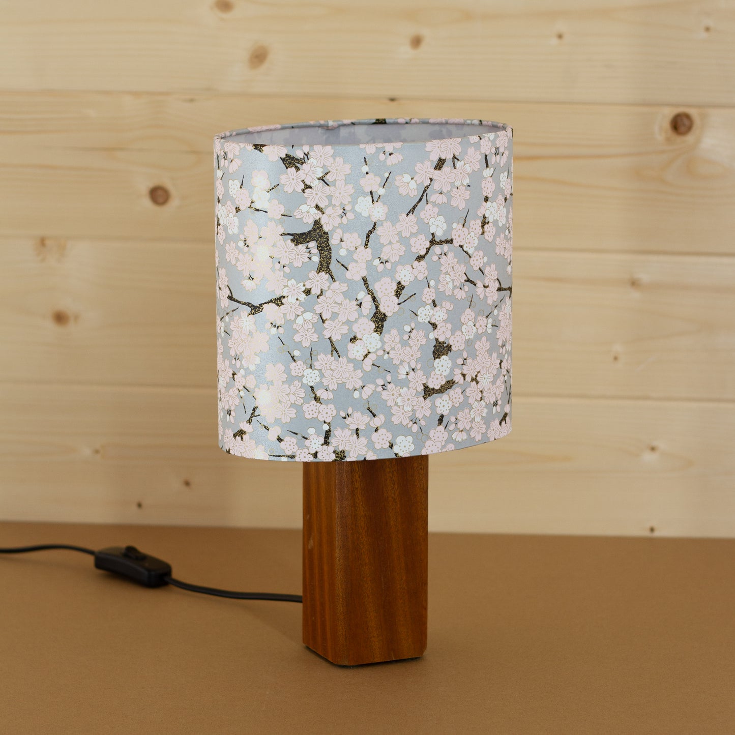 Square Sapele Table Lamp with 20cm Oval Lamp Shade W02 ~ Pink Cherry Blossom on Grey