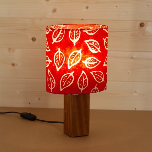 Square Sapele Table Lamp with 20cm Oval Lamp Shade P30 - Batik Leaf on Red