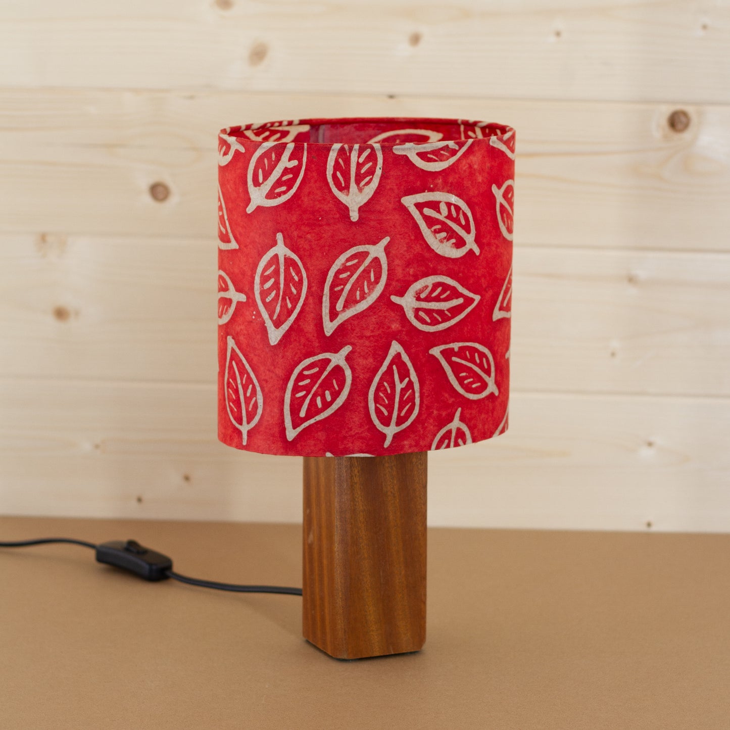 Square Sapele Table Lamp with 20cm Oval Lamp Shade P30 - Batik Leaf on Red