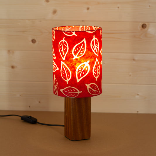 Square Sapele Table Lamp with Drum Lamp Shade (15cm x 20cm) P30 - Batik Leaf on Red
