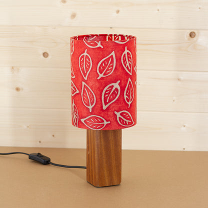 Square Sapele Table Lamp with Drum Lamp Shade (15cm x 20cm) P30 - Batik Leaf on Red