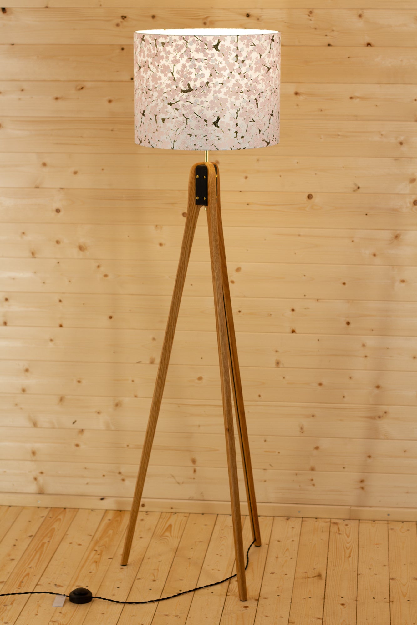 Oak Tripod Floor Lamp - W02 ~ Pink Cherry Blossom on Grey