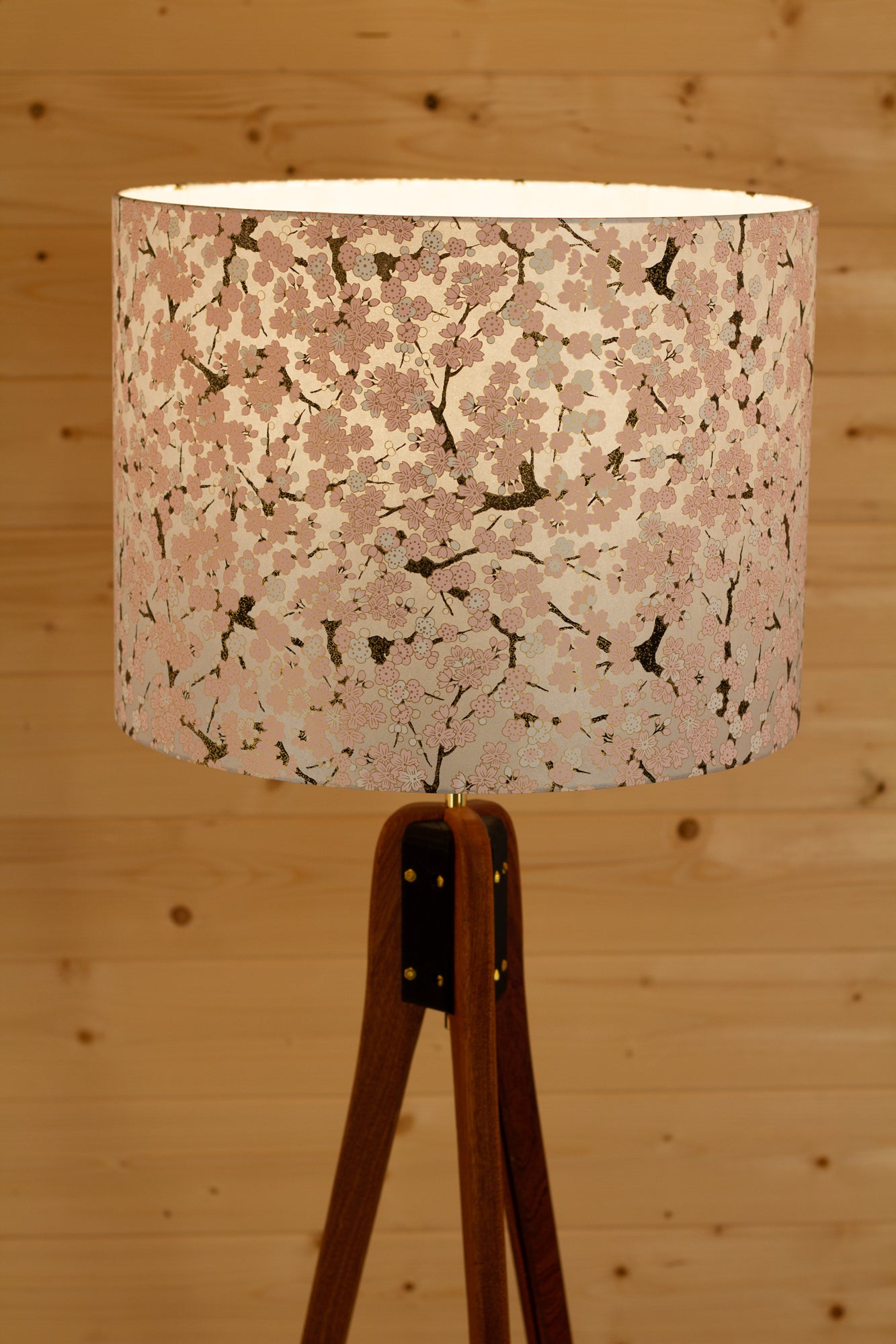 Sapele Tripod Floor Lamp - W02 ~ Pink Cherry Blossom on Grey