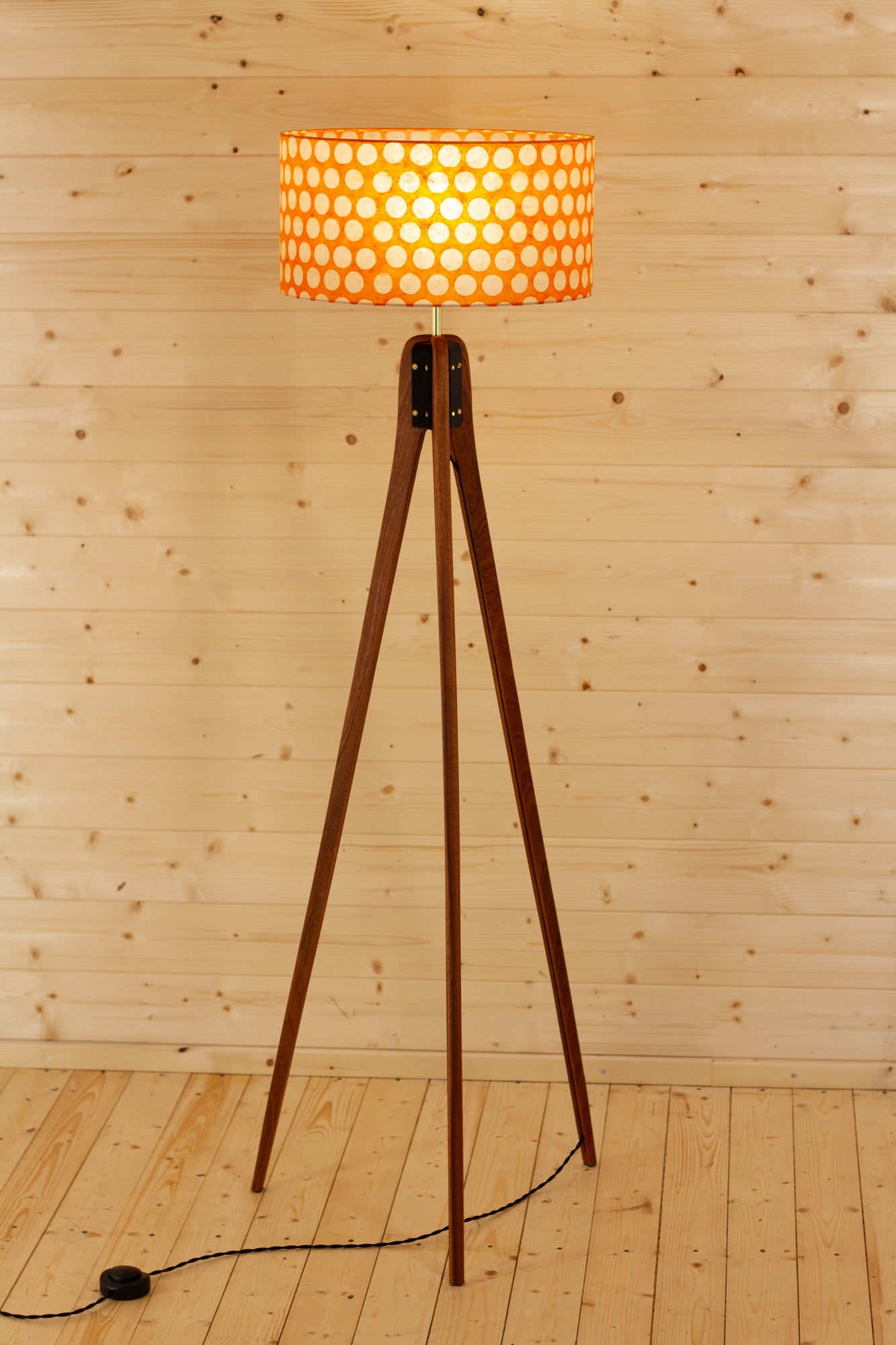 Sapele Tripod Floor Lamp - B110 ~ Batik Dots on Orange