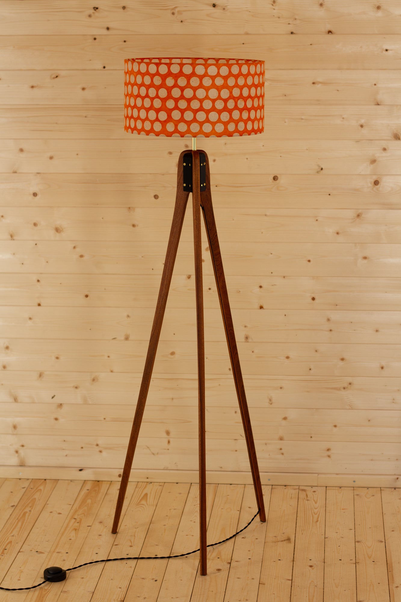 Sapele Tripod Floor Lamp - B110 ~ Batik Dots on Orange