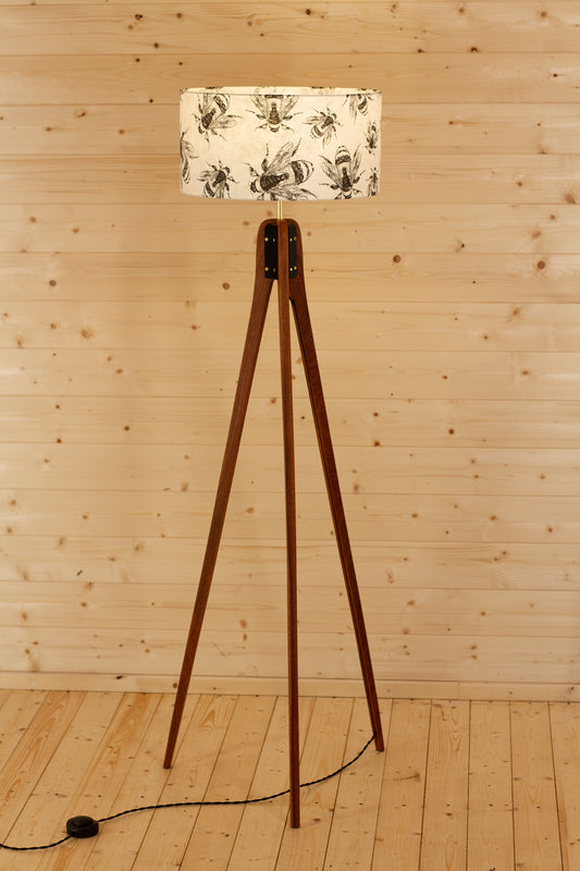 Sapele Tripod Floor Lamp - P42 - Bees Screen Print on Natural Lokta