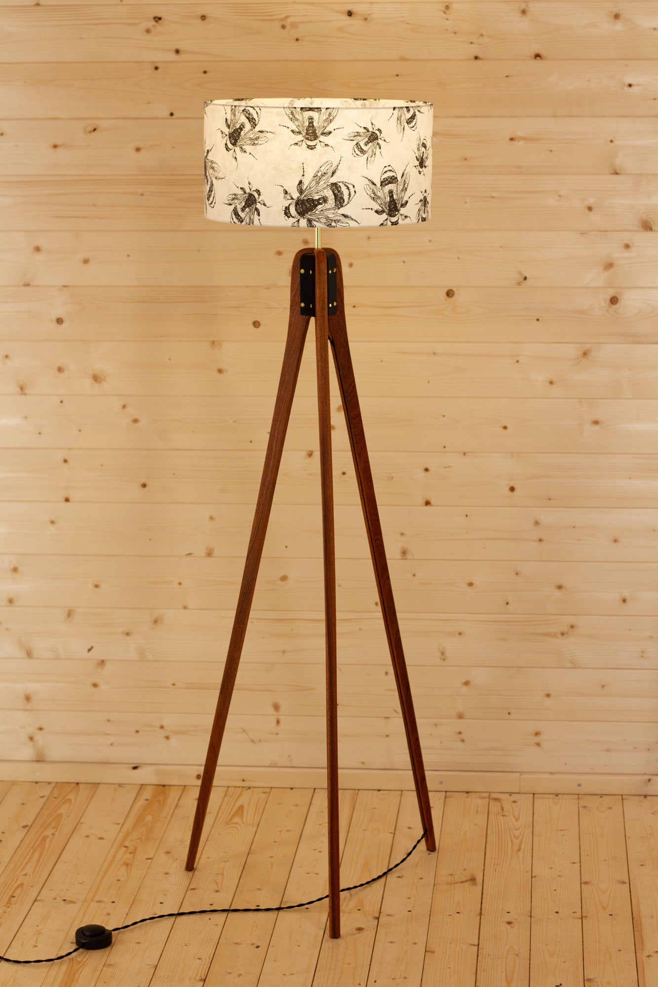 Sapele Tripod Floor Lamp - P42 - Bees Screen Print on Natural Lokta