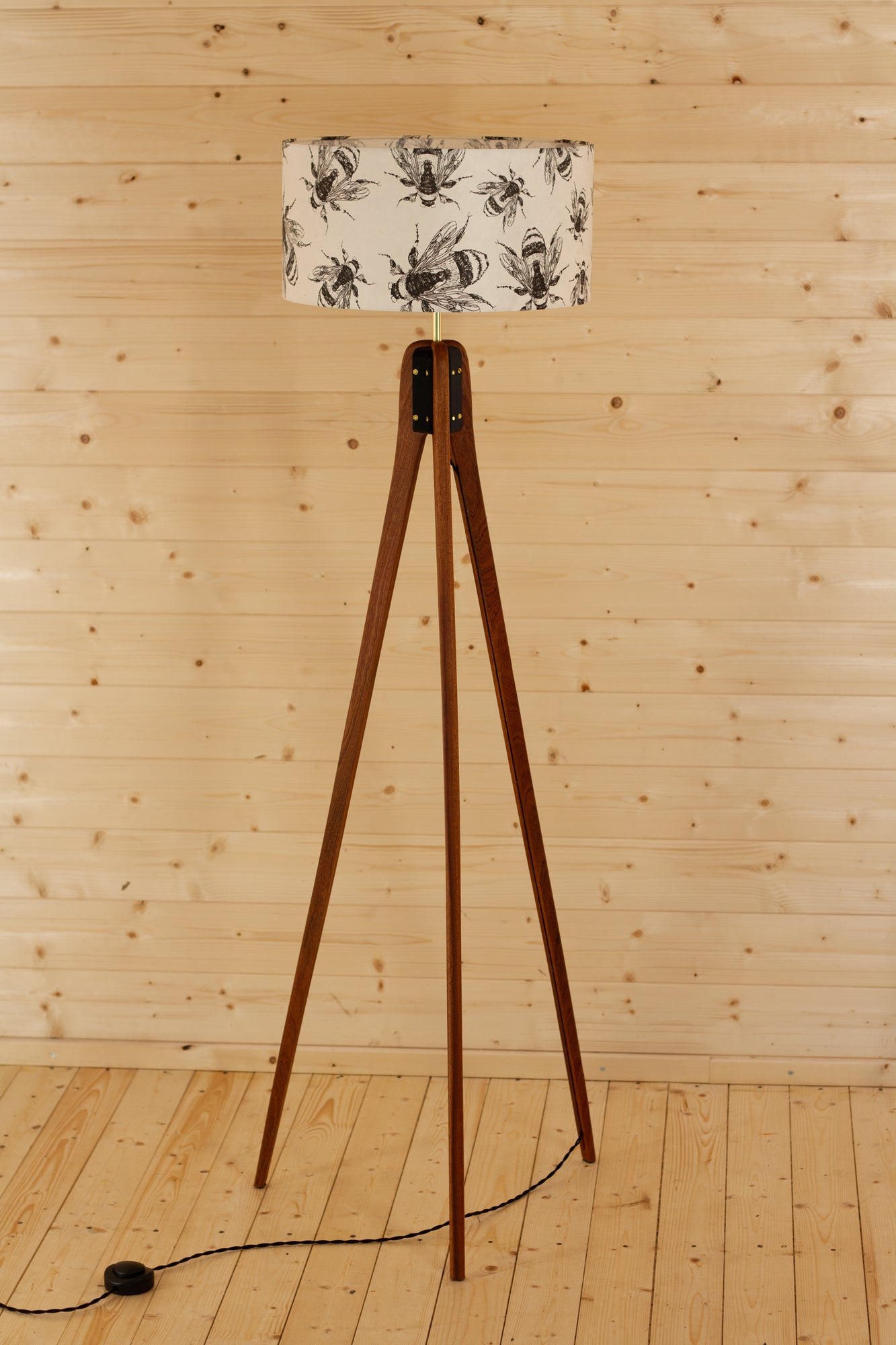 Sapele Tripod Floor Lamp - P42 - Bees Screen Print on Natural Lokta