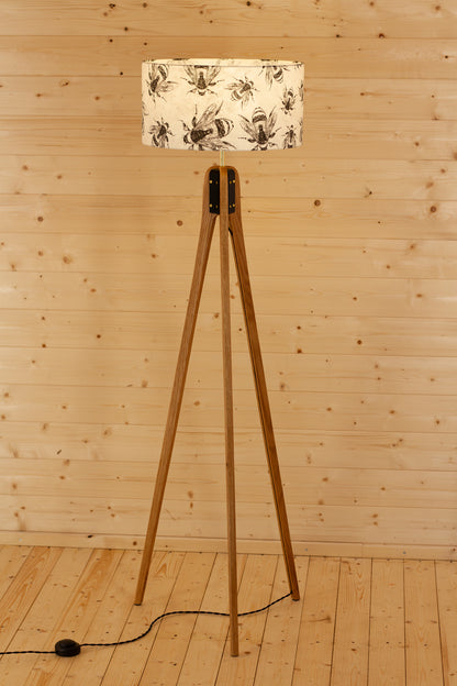 Oak Tripod Floor Lamp - P42 - Bees Screen Print on Natural Lokta
