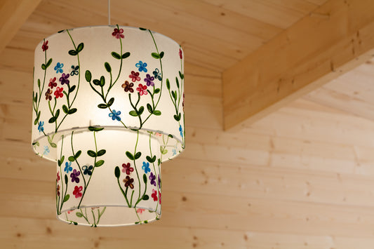 2 Tier Lamp Shade - P43 - Embroidered Flowers on White, 30cm x 20cm & 20cm x 15cm