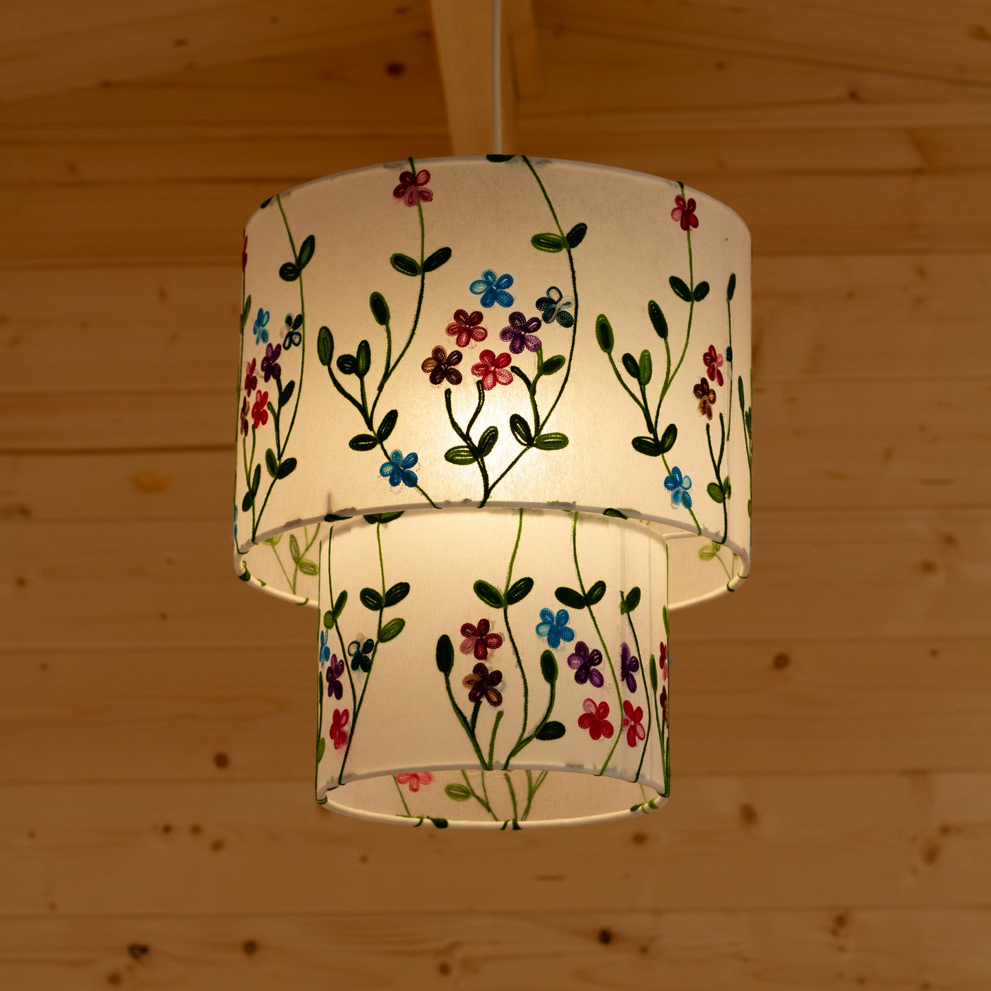 2 Tier Lamp Shade - P43 - Embroidered Flowers on White, 30cm x 20cm & 20cm x 15cm