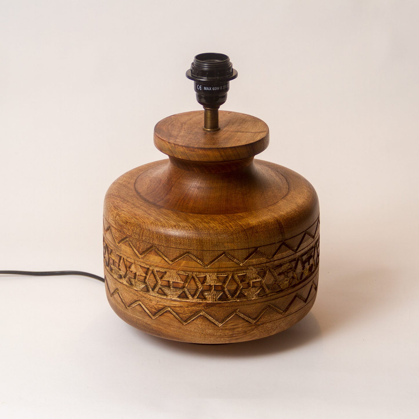 Kanpur Carved Wooden Table Lamp Base with Oval Lamp Shade P42 (40cm wide x 30cm High x 30cm Deep)