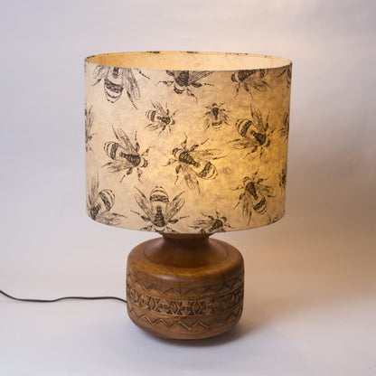 Kanpur Carved Wooden Table Lamp Base with Oval Lamp Shade P42 (40cm wide x 30cm High x 30cm Deep)