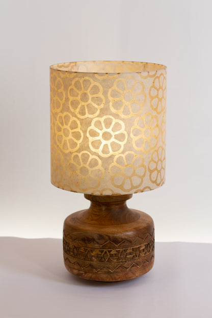 Kanpur Carved Wooden Table Lamp Base with Drum Lamp Shade P17 (30cm wide x 30cm High)