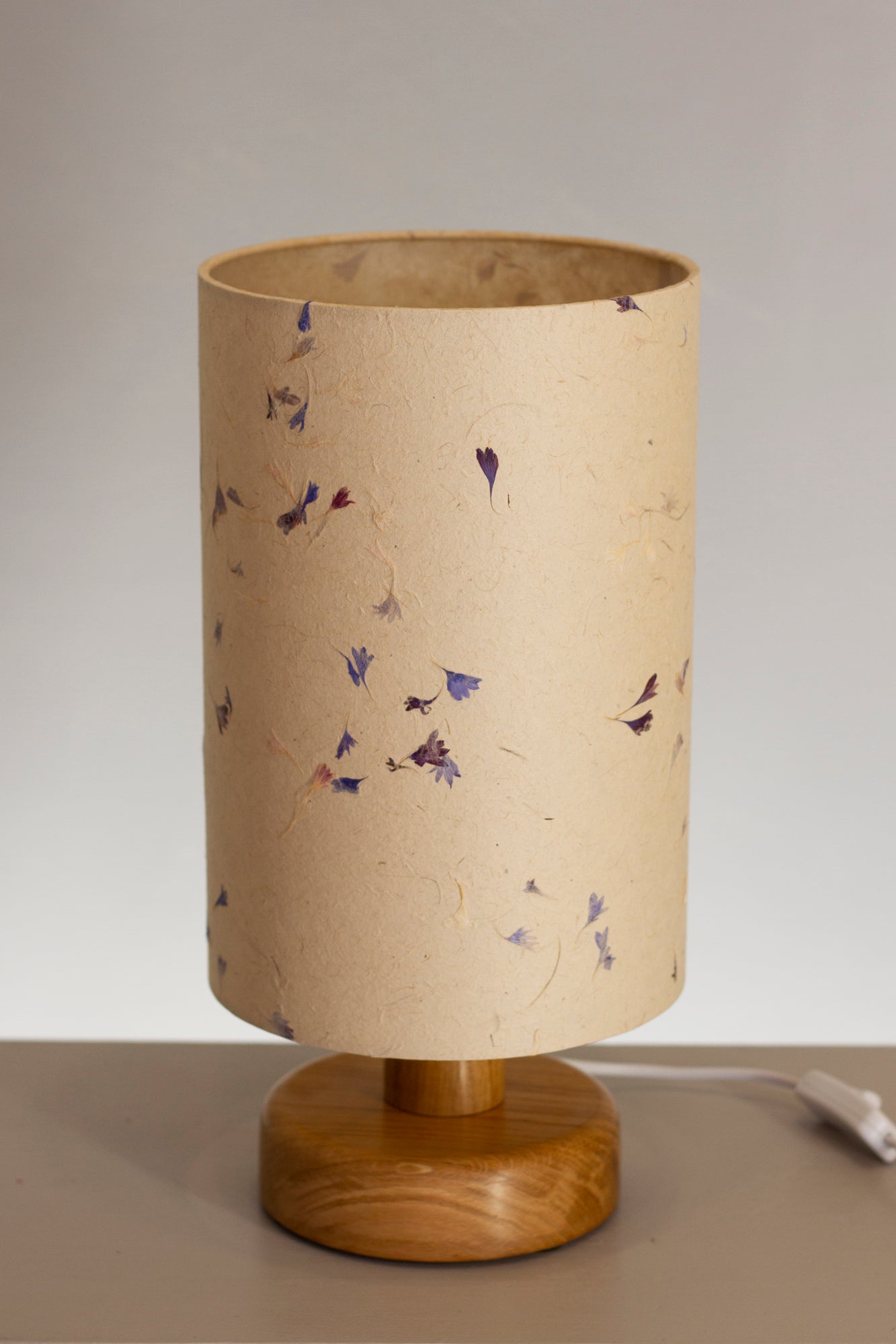 Round Oak Table Lamp with 20cm x 30cm Lamp Shade in P34 ~ Cornflower Petals