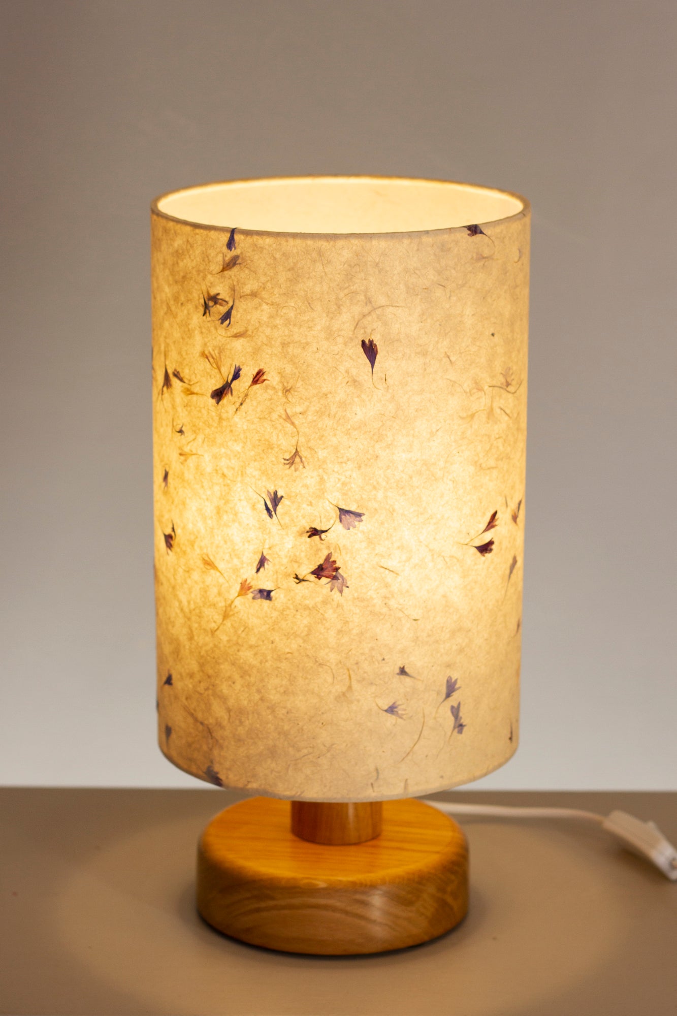 Round Oak Table Lamp with 20cm x 30cm Lamp Shade in P34 ~ Cornflower Petals