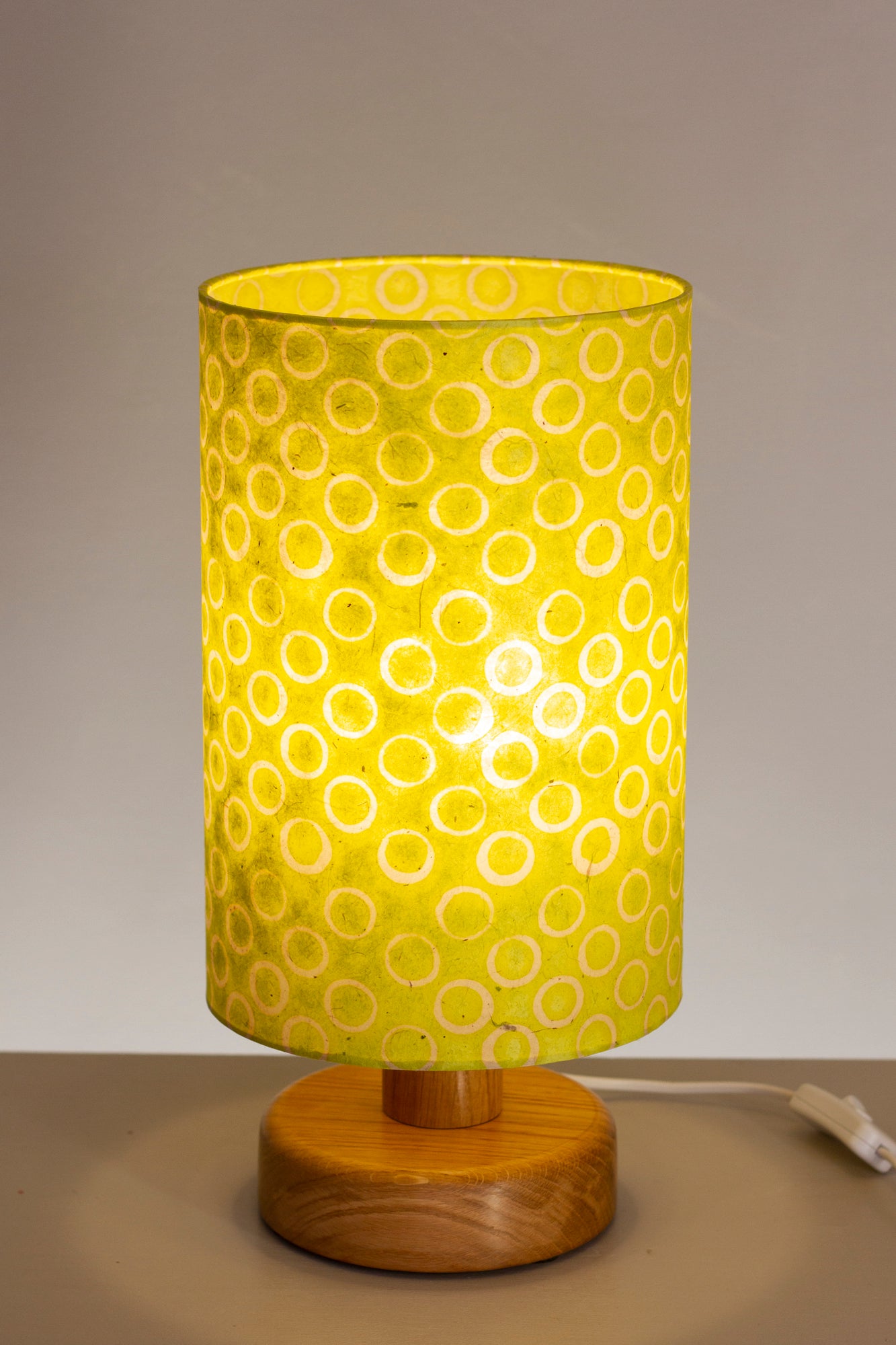 Round Oak Table Lamp with 20cm x 30cm Lamp Shade in P02 ~ Batik Lime Circles