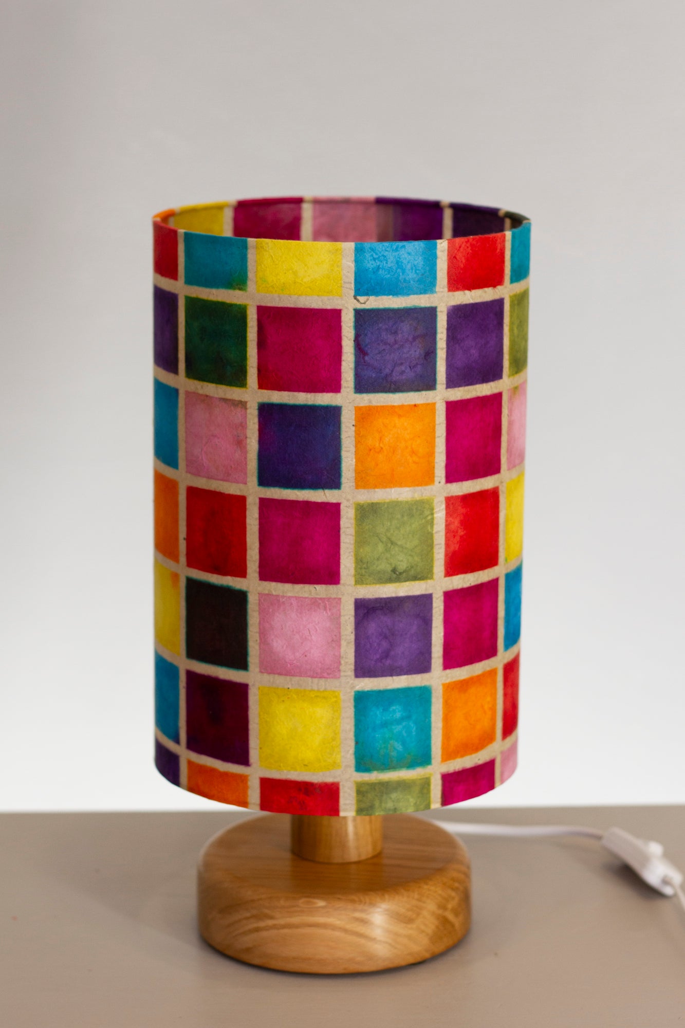 Round Oak Table Lamp with 20cm x 30cm Lamp Shade in P01 ~ Batik Multi Square